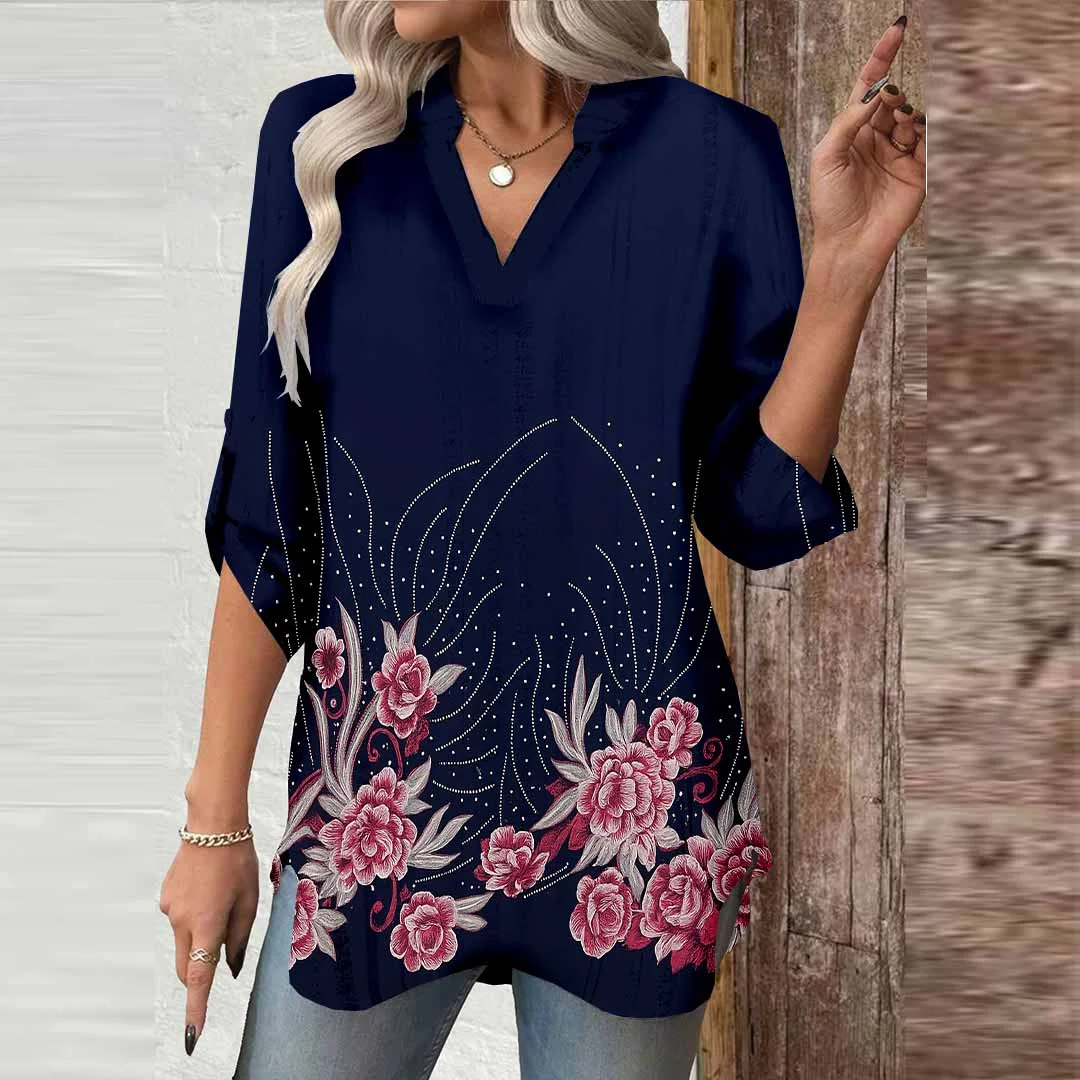 Women Floral, Dark Blue, Red DZGA0563 3/4 Sleeve V-neck Printed Graphic Button Tops