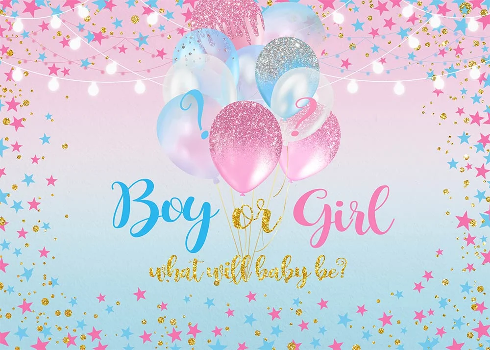 Blue Pink Balloons And Stars Boy Or Girl Gender Reveal Backdrop RedBirdParty