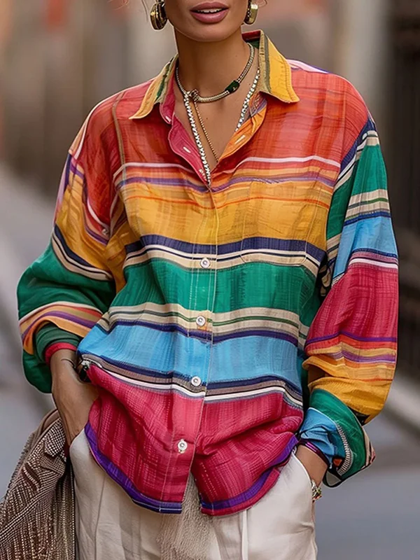 Buttoned Contrast Color Long Sleeves Loose Lapel Blouses&Shirts Tops