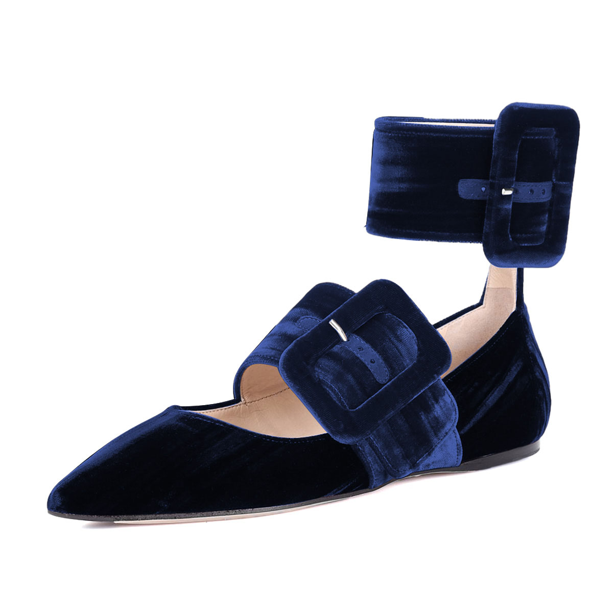 Velvet Ankle Strap Buckled Pointed Toe Mary Jane Flats in Blue Nicepairs