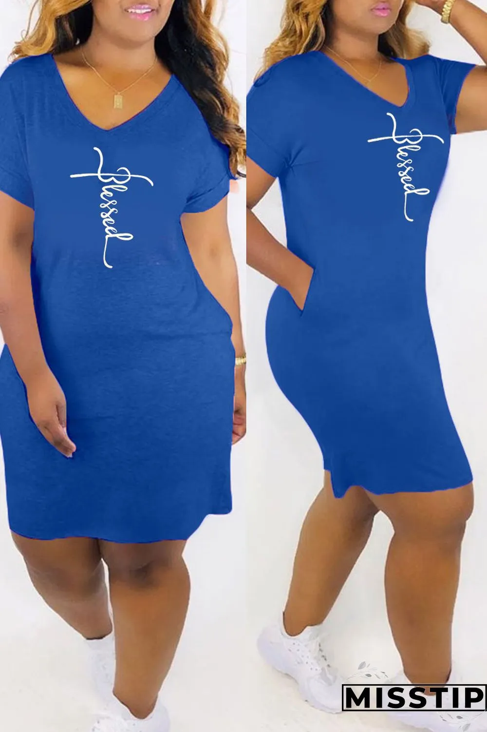 White Fashion Casual Print Basic V Neck Short Sleeve Dress