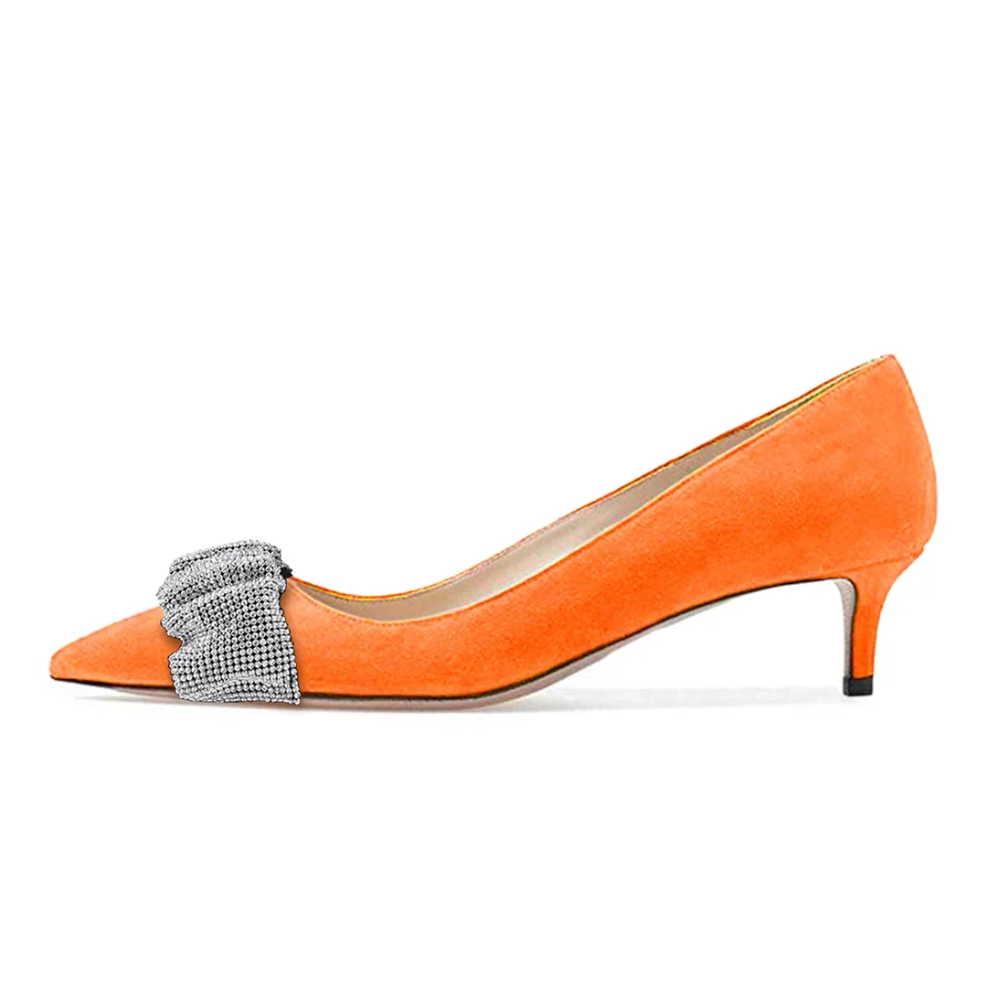 Orange Faux Suede Pointed Rhinestone Embellished Eye-Catching Pumps