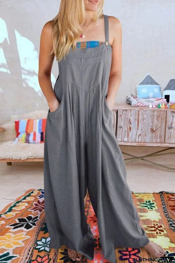 Solid Loose Casual Wide Leg Insert pocket Jumpsuit