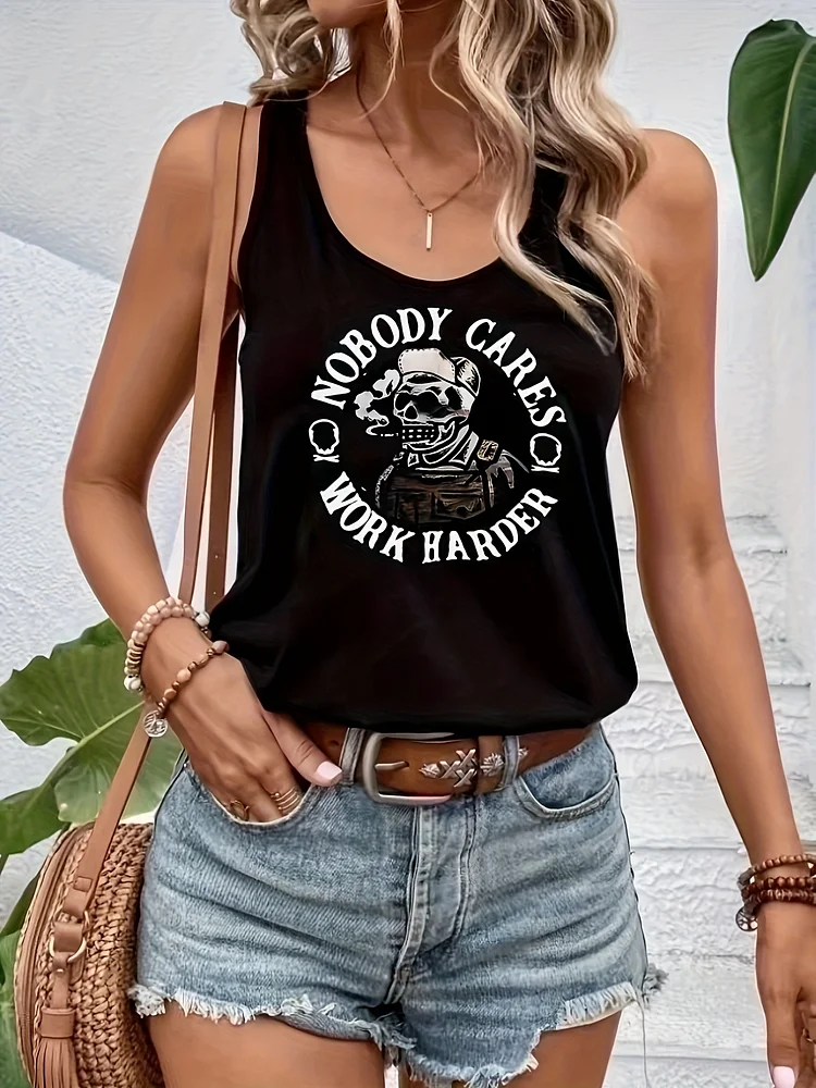 Women's Casual Graphic Letter Print Tank Top - High Elasticity Round Neck Sleeveless Summer Top, Machine Washable Regular Fit For Spring/Summer Wear, Everyday Apparel, Skull Graphic Tee, Stretchy Fabric