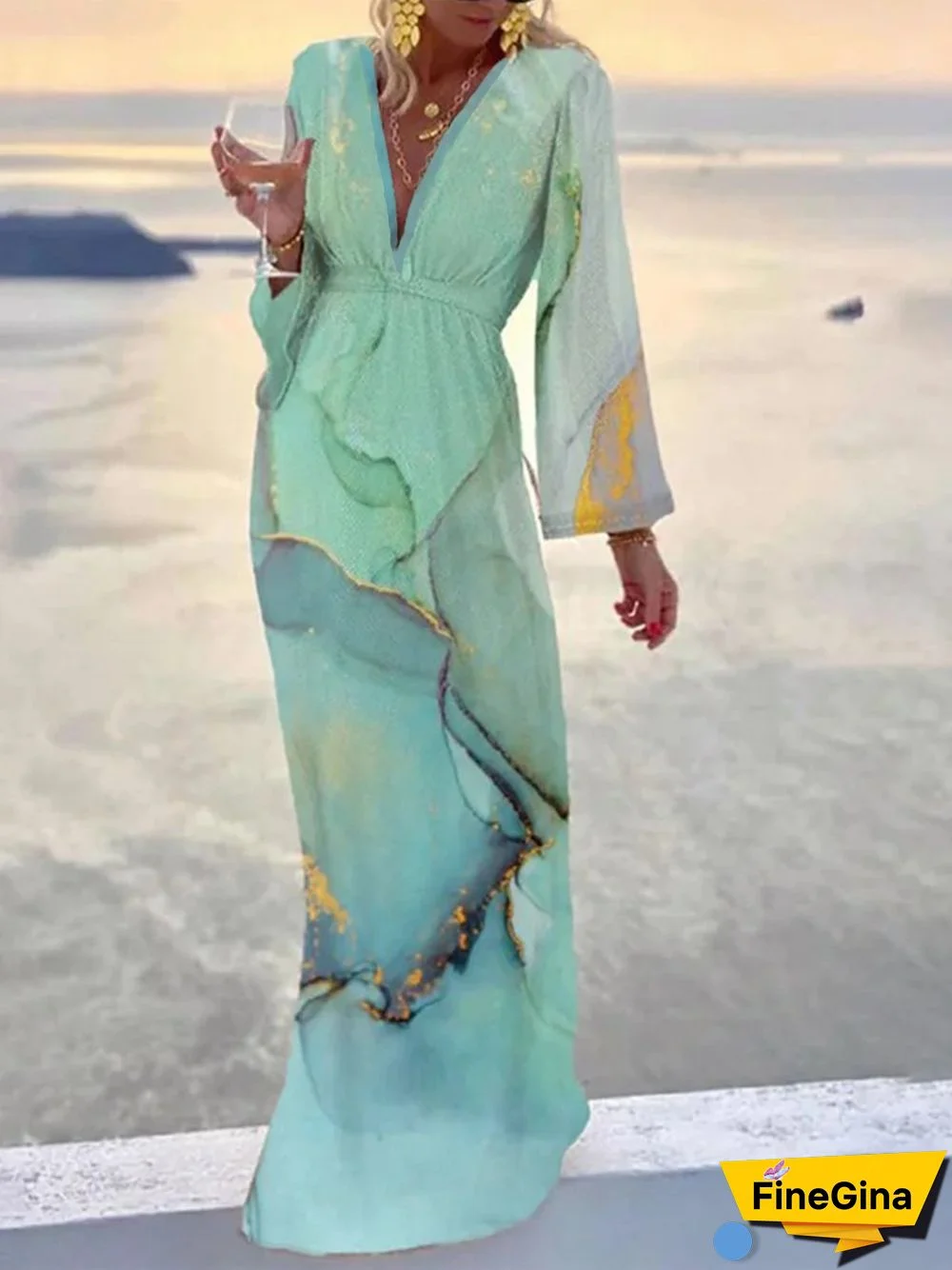 Landscape Print Boho V Neck Long Sleeve Loosen A-line Dress