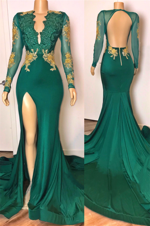 Dresseswow Emerald Green Mermaid Long Sleeves Prom Dress Split With Lace Appliques
