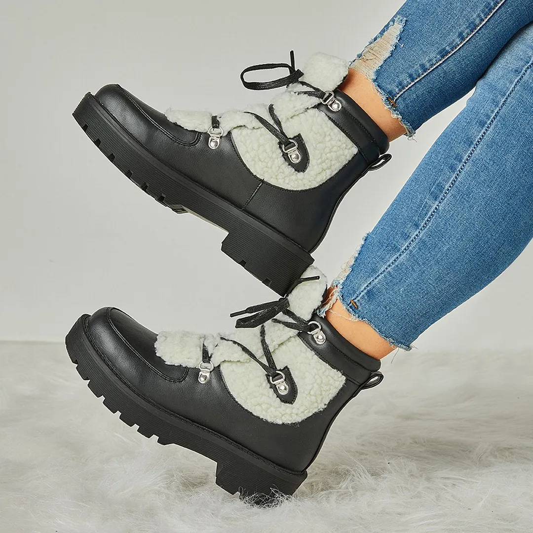Women Faux Shearling Stiching Lace Up Snow Boots