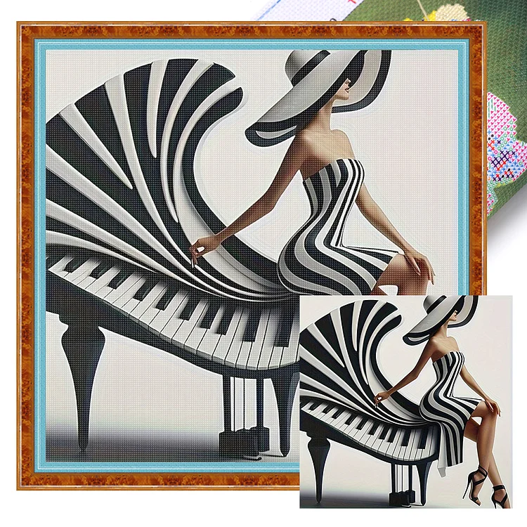 【Huacan Brand】Piano girl 40*40cm 11CT Stamped Canvas Cross Stitch gbfke