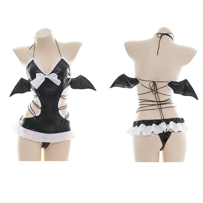 Billionm OJBK Sexy Lingerie Little Devil Cosplay Costumes Black Pu Leather  With Adorable Bat Wings Erotic And Cute Uniform Photo Dress