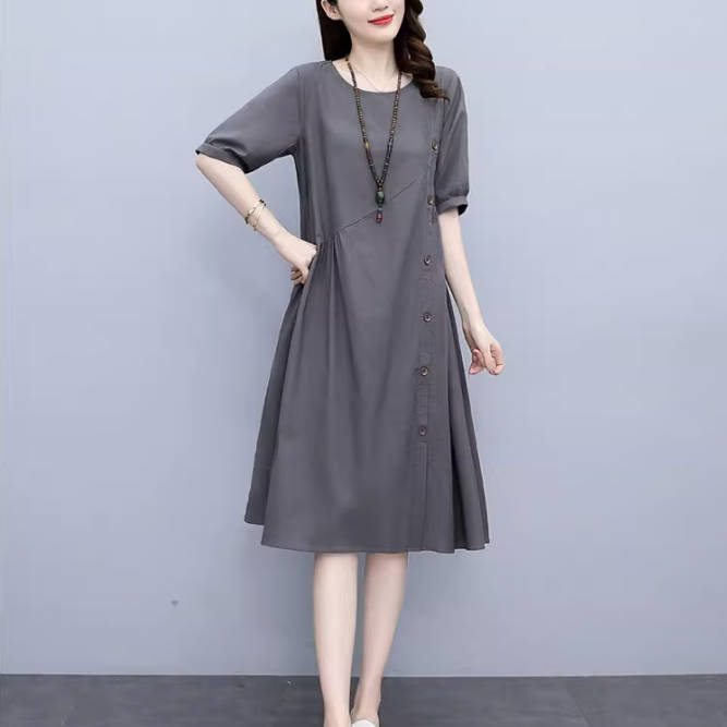 上品 プルオーバー 着痩せ ラウンドネック ゆったり ファッション お出かけ デート半袖 おすすめ服 切り替え カジュアルワンピース