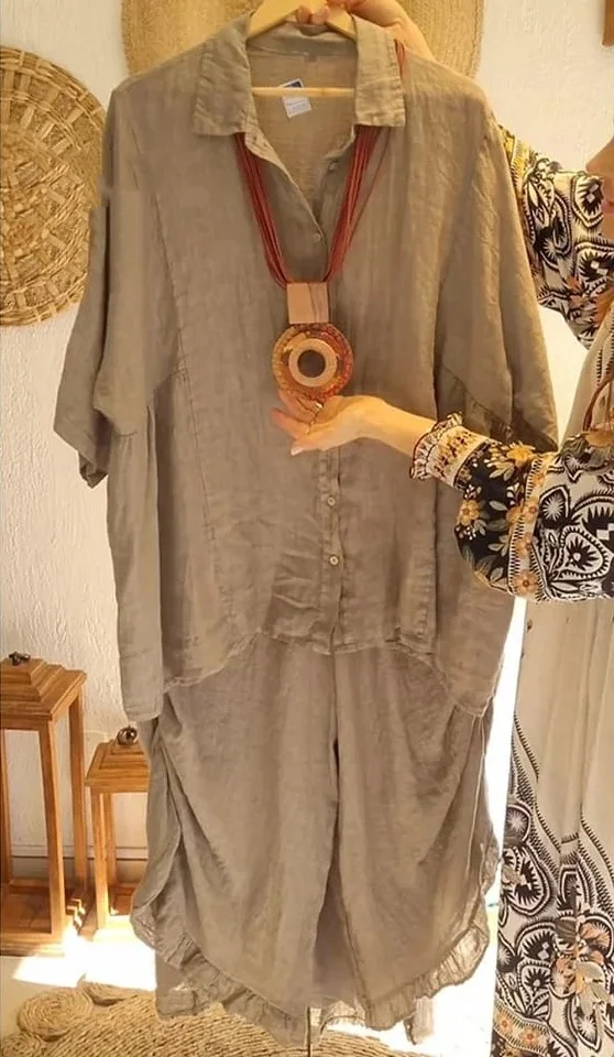 Women's Casual Cotton and Linen Shirt and Pats Suit