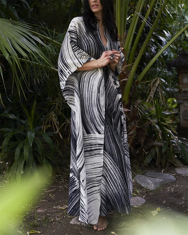 Women's V-neck Black and White Irregular Striped Kaftan Dress