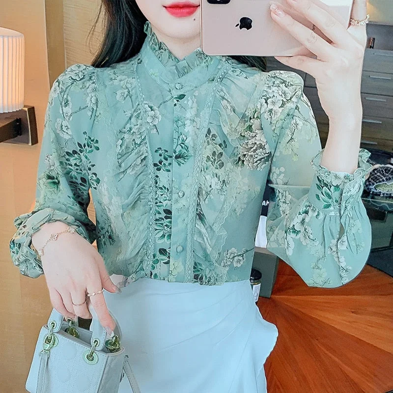 Huiketi Printed Elegant Blouse Women 2023 Fashion Long Sleeve Ruffle Lace Shirt Women Stand Collar Vintage Lady Blouses Top 18757