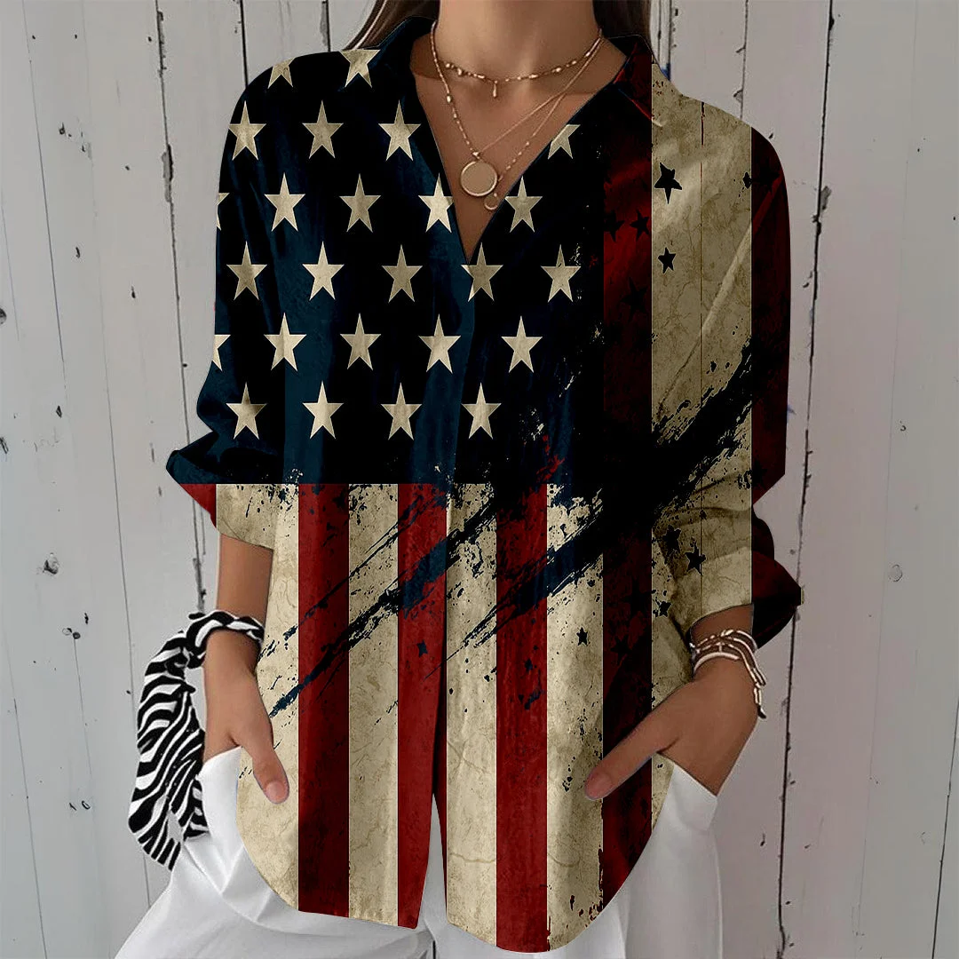 Style & Comfort for Mature Women Women  Independence Day, Star, Striped, Blue, Red DZCL0245 3/4 Sleeve Shirt Collar Printed Button Tops