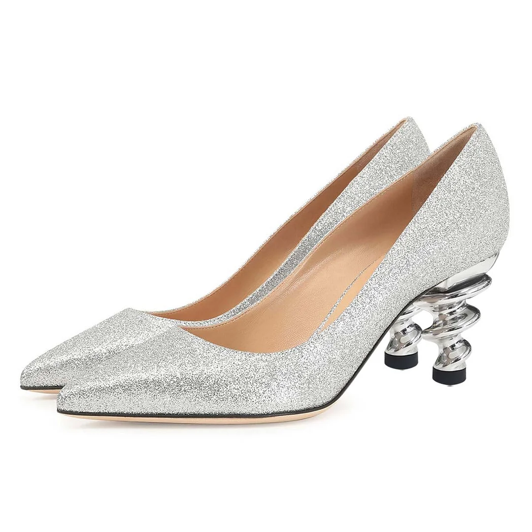 Shiny Silver Pointed Toe Slip-On Spiral Heel Glitter Pumps Shoes