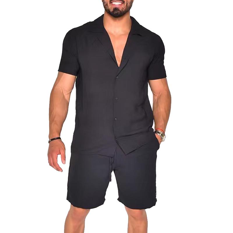 Men's Solid Loose Lapel Single Breasted Short Sleeve Shirt Shorts Set 03456320Z