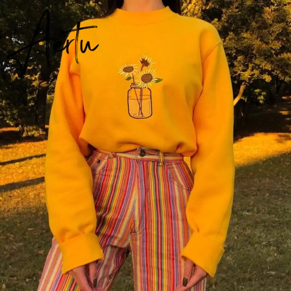 Women New Casual Korean Y2k Tops Fall Fashion Sunflower Printed Round Neck Long Sleeve Pullover Female Sweatshirt T-shirt Aiertu