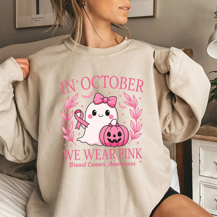 In October We Wear Pink Sweatshirt,  Breast Cancer Awareness Halloween V-neck, Sweatshirt, Hoodie