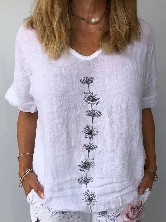 Women's Daisy Print Cotton Linen V-Neck Top-mysite