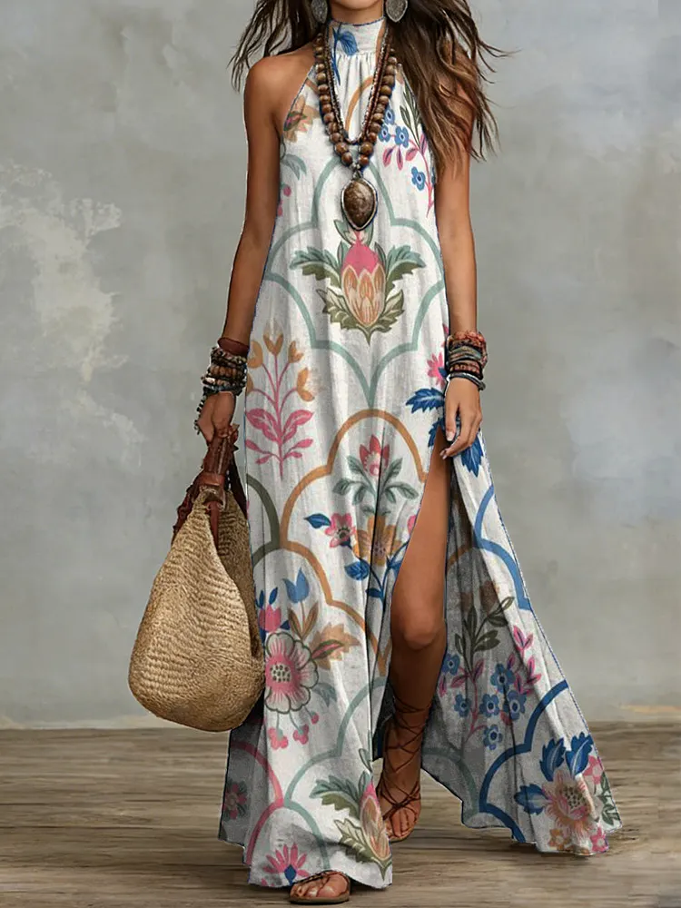 Women's Retro Floral Pattern Art Print Casual Stylish Cotton Dress