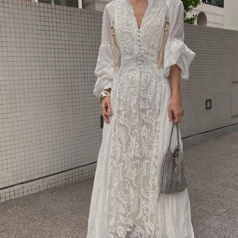 Ordifree 2022 Summer Vintage Women Long Dress Puff Sleeve Embroidery White Lace Vocation Maxi Beach Dress
