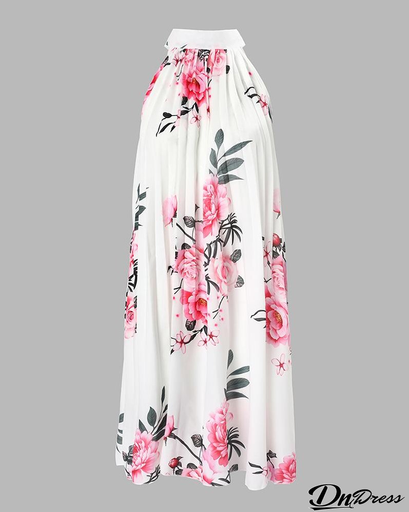 Floral Print Halter Casual Pleated Dress