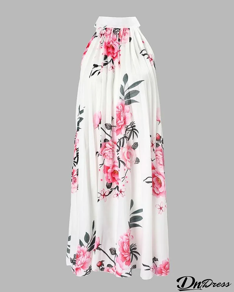 Floral Print Halter Casual Pleated Dress