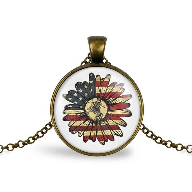 American Flag Sunflower Adjustable Necklace