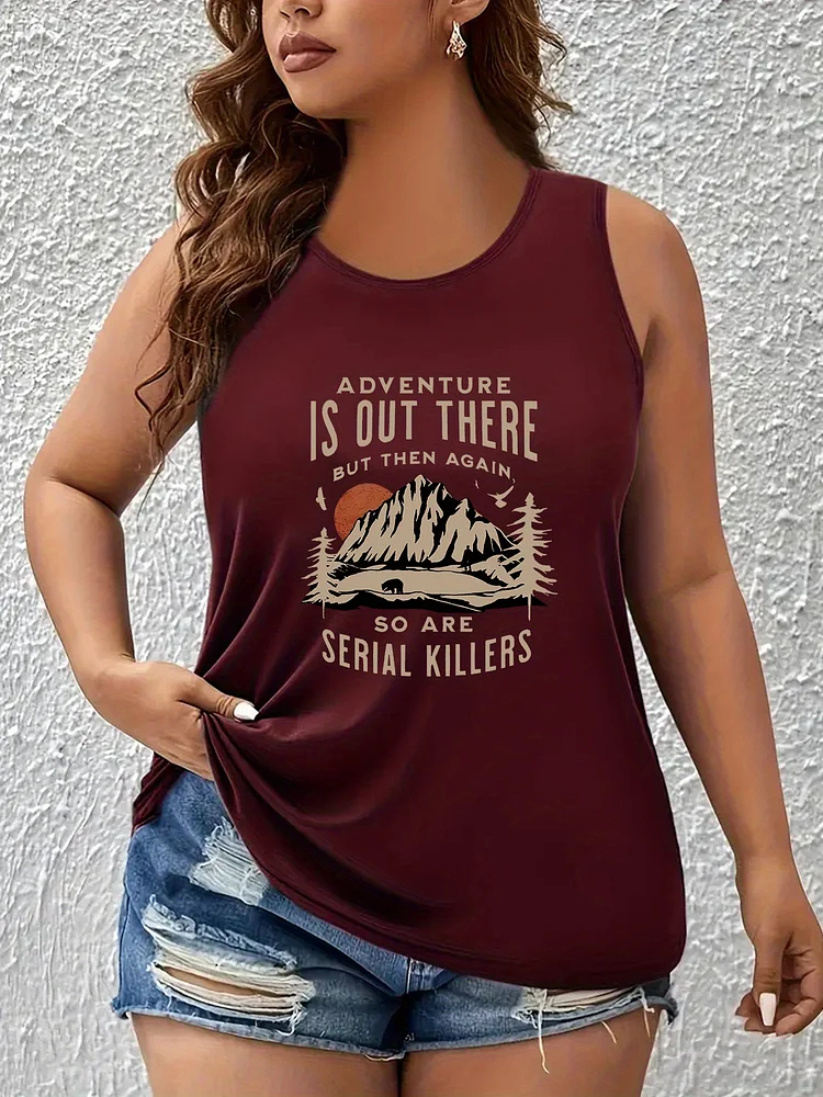 Lightweight Polyester Women's Plus Size Sleeveless Tank Top | Adventure Is Out There Mountain Sunset Print, Casual Crew Neck, Outdoor Casual Wear, Glossy Texture