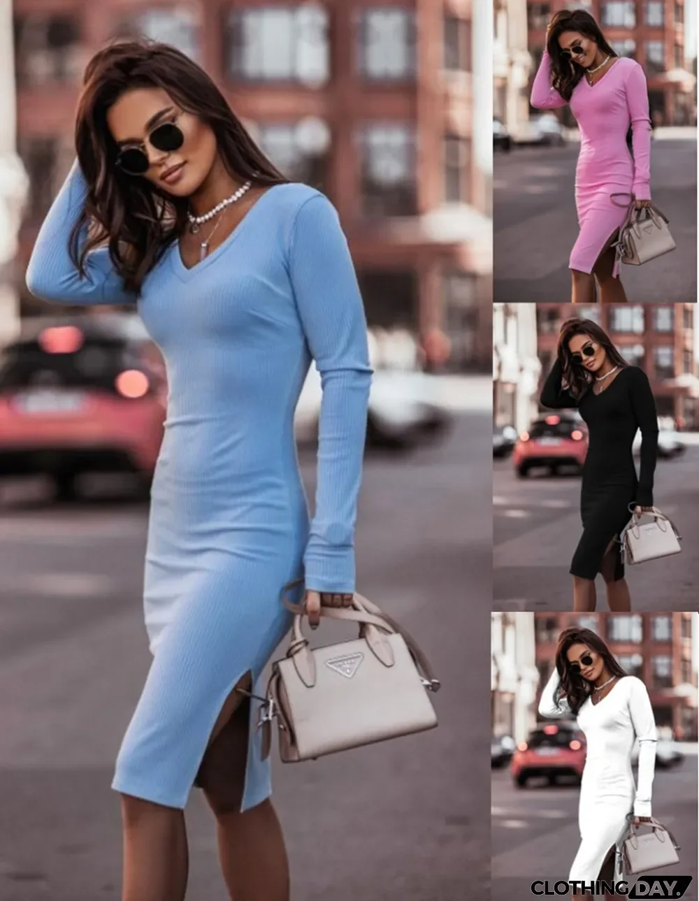 Winter Sexy Blue Ribbed V Neck Long Sleeve Slit Dress