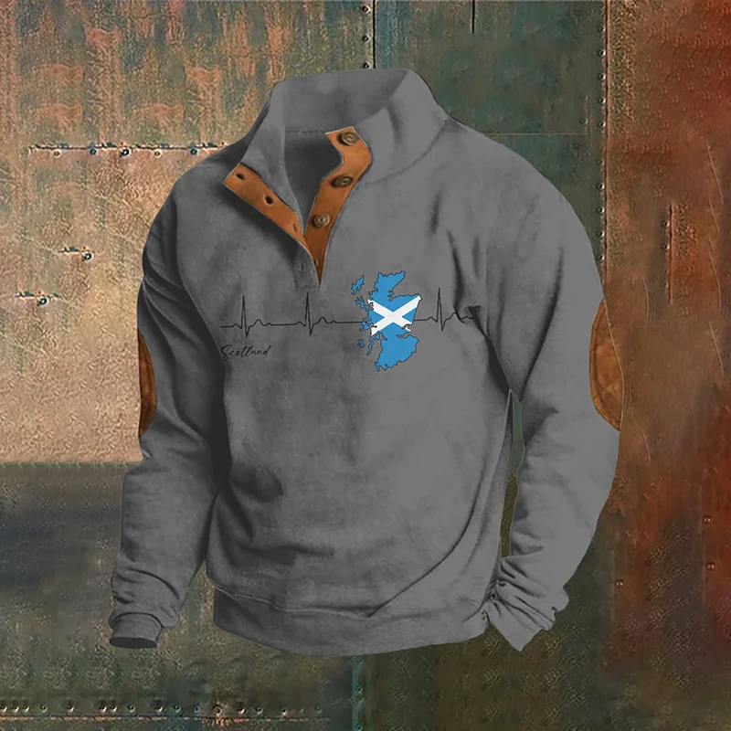 Scottish Flag Print Stand Collar Button Sweatshirt