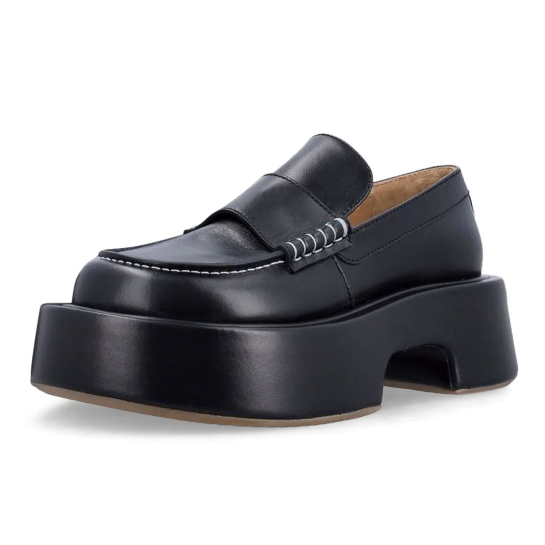 Black Vegan Leather Slip-On Chunky Loafers with Round Toe