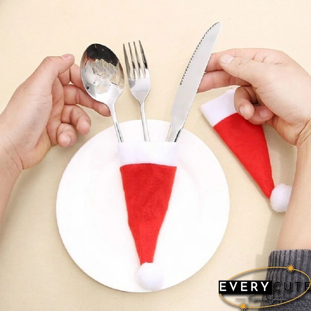 10Pcs/Set Mini Christmas Decoration Santa Hats Knife Fork Silverware Holders For Lollipop Xmas Party Dinner Organizers Decorations Supplies