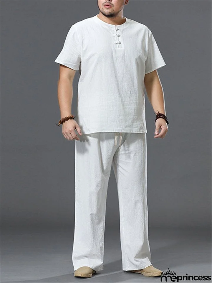 Men's Casual Loose Plus Size Cotton Linen Sets Short-Sleeved T-Shirt + Trousers