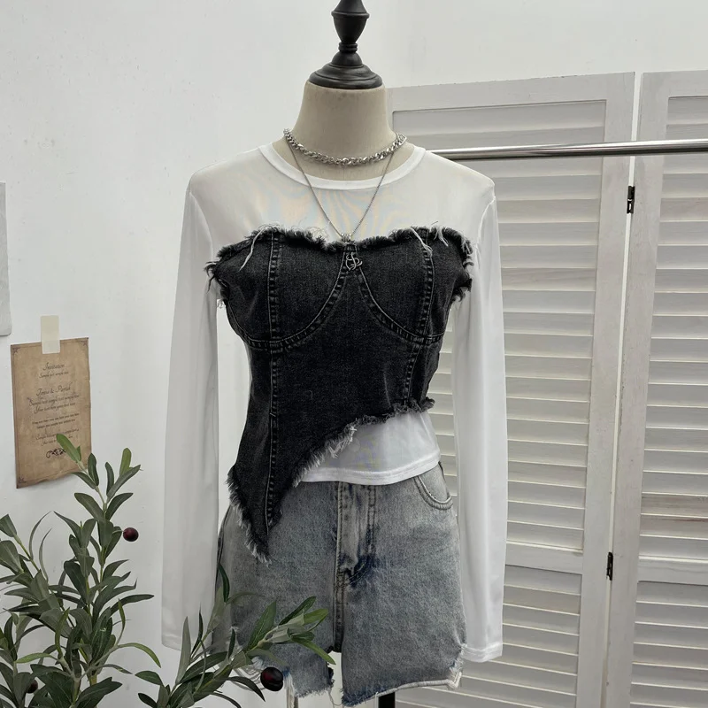 Churchf Design Feel Niche Cowboy Splicing Long-Sleeved Mesh T-Shirt Girl Summer Round Collar Dress Short Top 2617