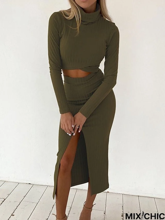 Women's Casual Dress Two Piece Dress Bodycon Midi Dress Black Wine Army Green Long Sleeve Pure Color Split Winter Fall Spring High Neck Fashion Daily Slim 2023 S M L XL XXL 3XL