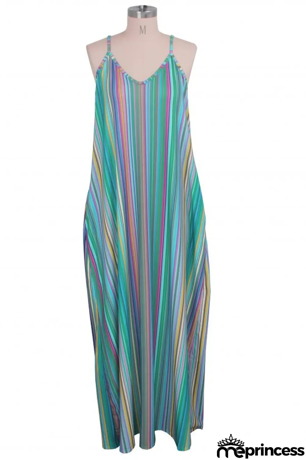 Green Polyester Sexy Fashion Tank Sleeveless Slip A-Line Floor-Length Print asymmetrical Striped Patchwork