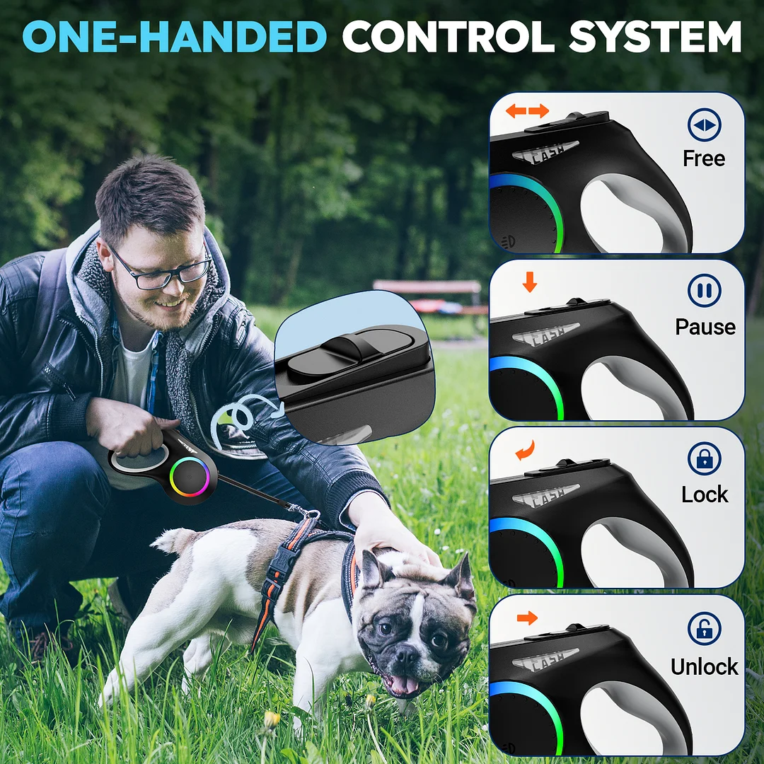 Retractable Dog Leash, 16ft Retractable Leash with Rechargeable LED Light - Tangle Free, Anti Slip Handle, Nylon Tape, One Button Brake & Lock