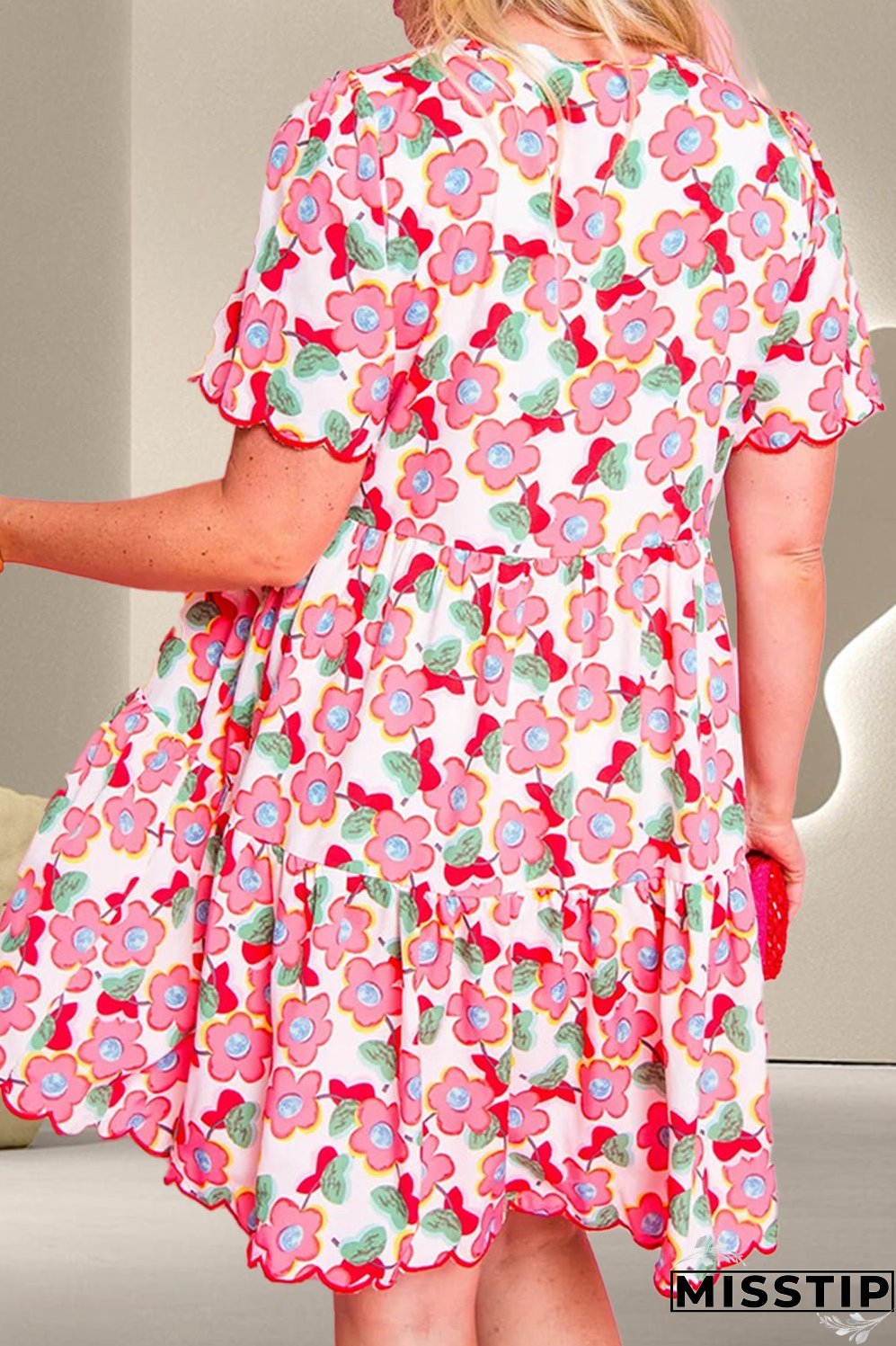 Scalloped Hem Flower Printed Short Sleeve Dress