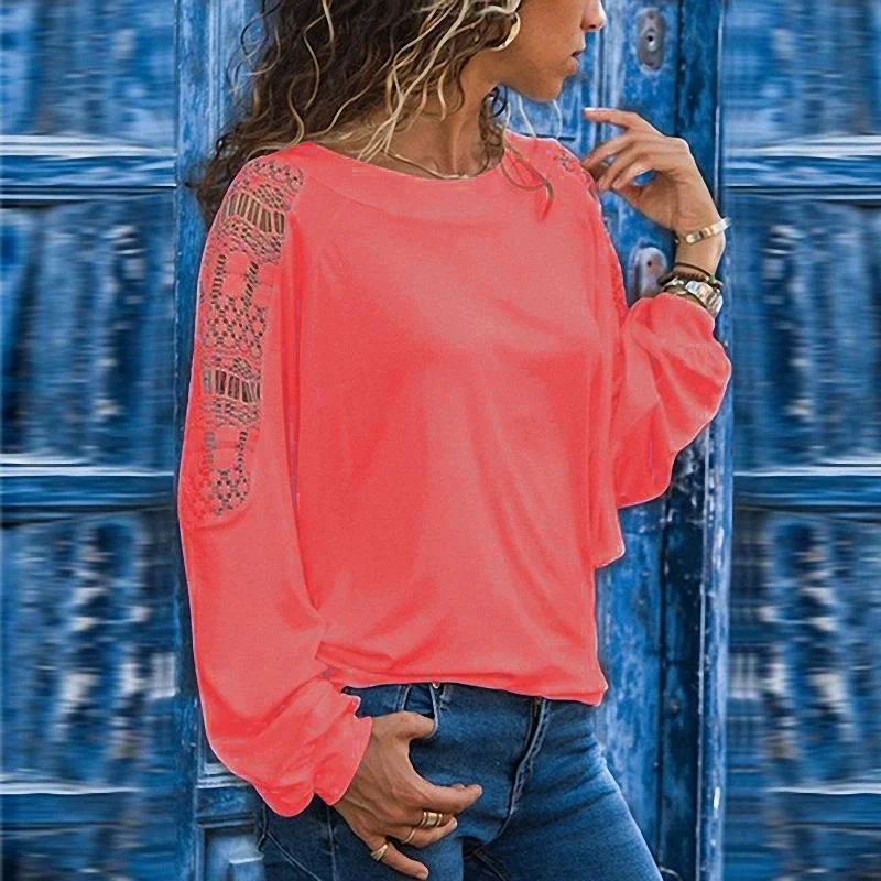 Round Neck Long Sleeve Lace Patchwork T-Shirts