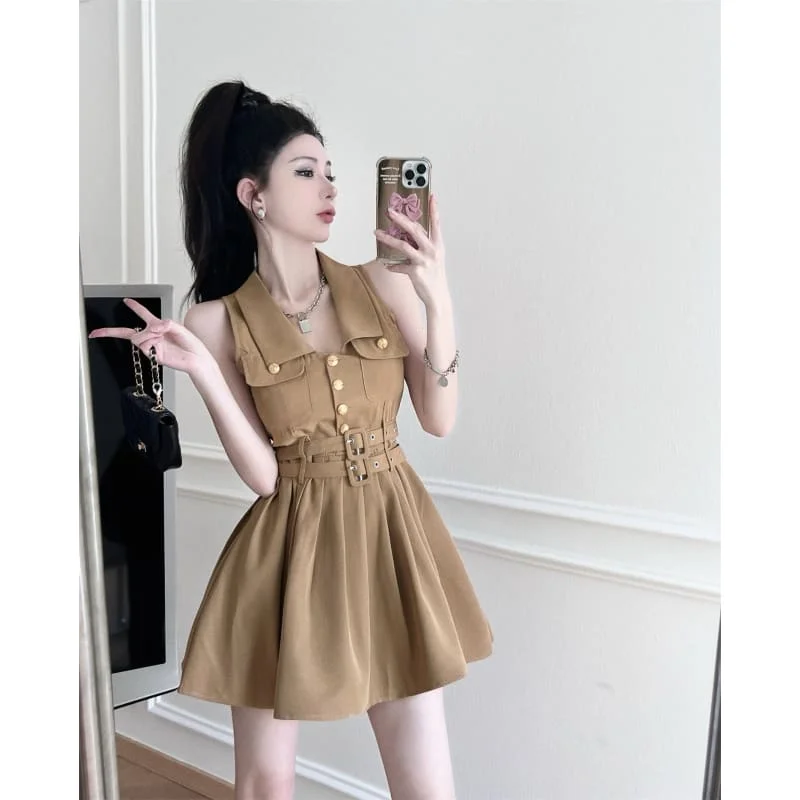 Black Beige Belted Pleated Dress ON128