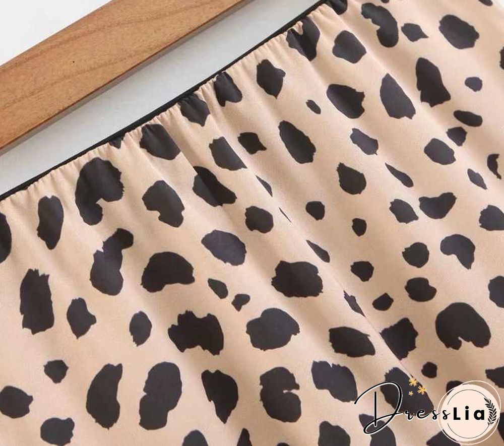 Retro Elastic Band High Waisted Leopard Print Satin Midi Skirt