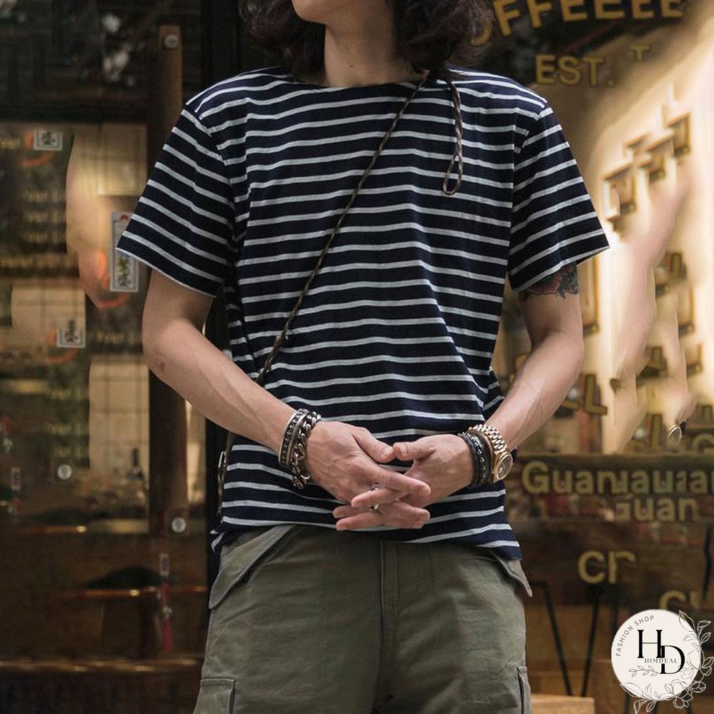 French Sailor Style Boat Neck Breton Striped Short-Sleeved T