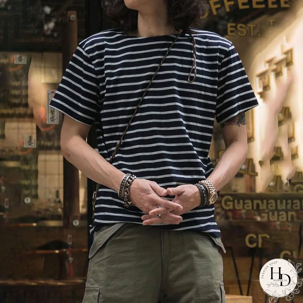 French Sailor Style Boat Neck Breton Striped Short-Sleeved T