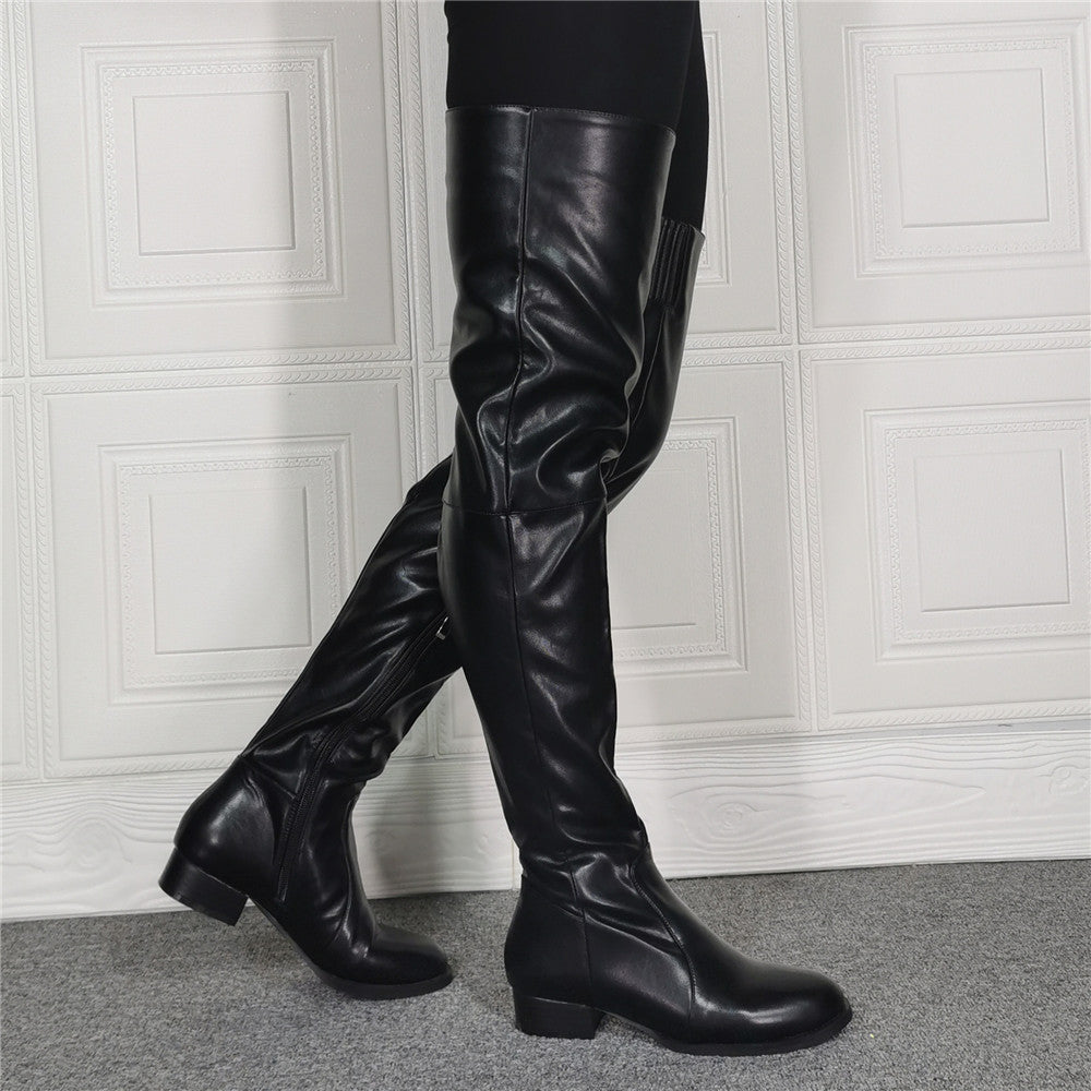 Women's black leather low heel thigh high boots