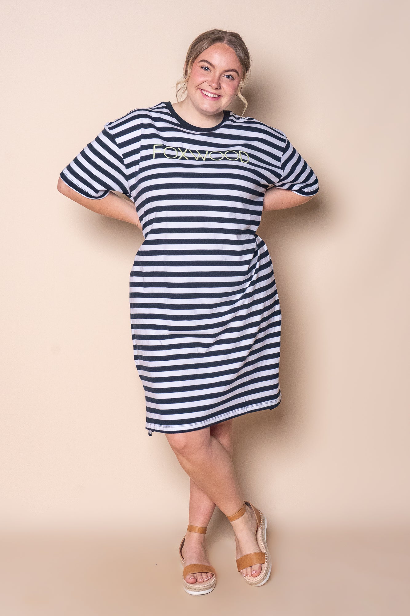 Simplified Stripe Tee Dress in Navy & White Stripe - Foxwood