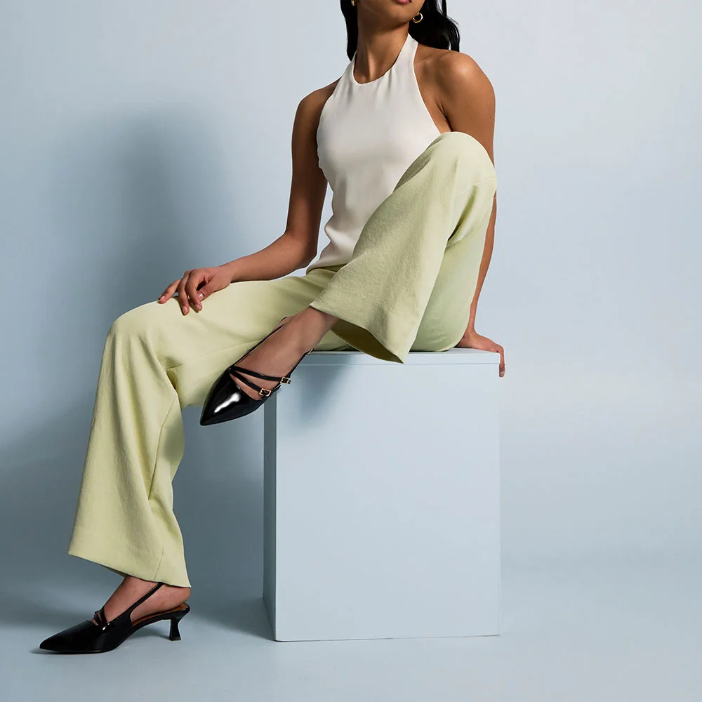 Black Patent Leather Buckle Straps Kitten Heel Slingback Pumps