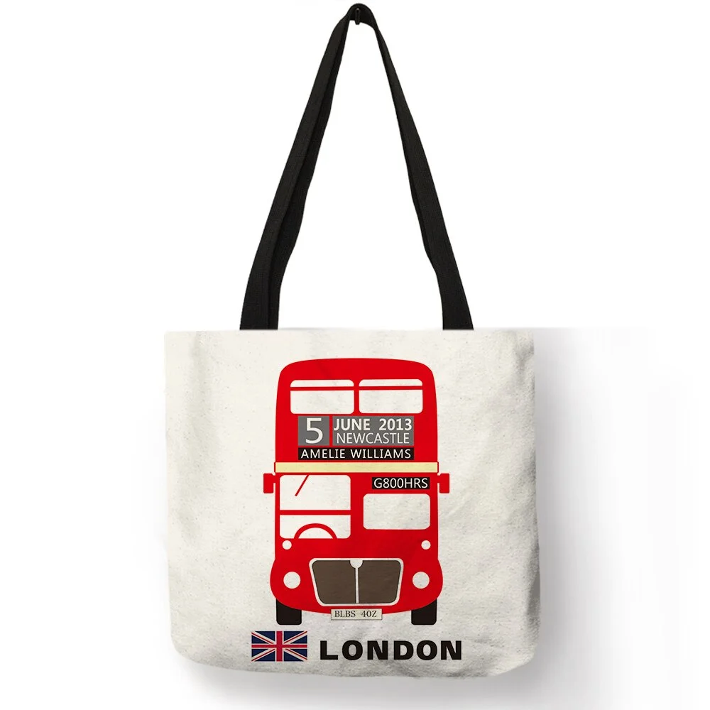 Fashion London Design Handbags Luxury Women Girls Linen Tote Bags Telephone Bus Print Folding Beach Students Book Bag B10094