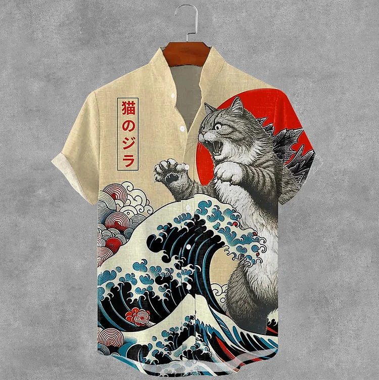 Abstract Creative The Great Waves And Godzilla Japanese Art Cat Print Casual Short Sleeve Shirt