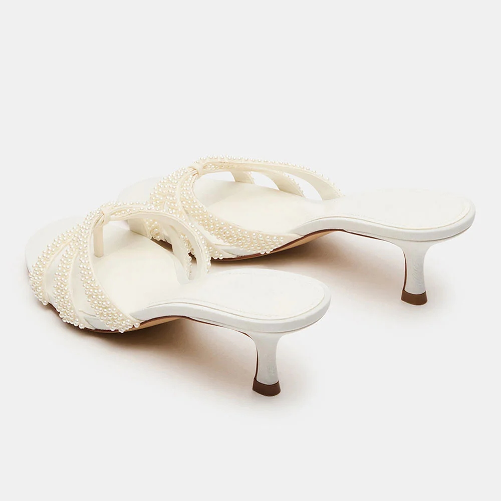 White Open Toe Pearl Decor Strap Slide Sandals with Spool Heel